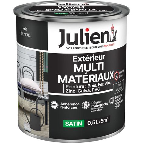 Julien Peinture Multi-Matériaux Satin en phase Aqueuse - Bois, Fer, Alu, PVC, Zinc, Acier galvanisé, brut ou peint - Noir 0,5 L
