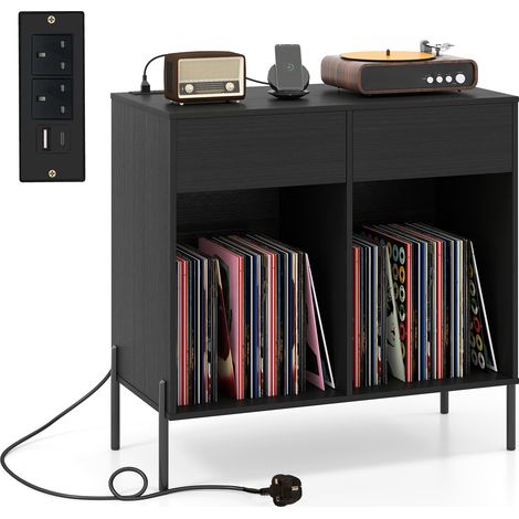 COSTWAY Record Player Stand Double Wide Turntable Stand w/ Power Outlets-White (1/5)