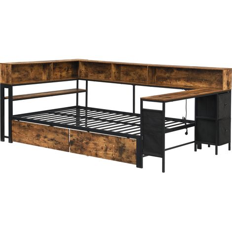 Letto 120x200 cm in metallo e legno con 2 cassetti, ripiani, tavolino e ricarica (1/5)