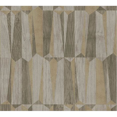 Empapelado aspecto madera Profhome 387433 papel pintado vinílico estampado en caliente tejido non tejido ligeramente texturado de aspecto madera efecto satinado marrón oro gris 5,33 m2 (1/5)