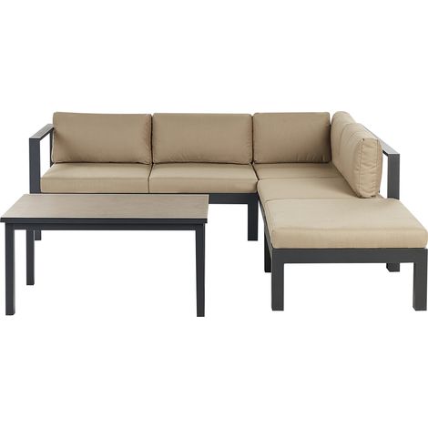 Conjunto de jardín 5 plazas sofá y mesa estructura negra tablero de vidrio y cojines beige arena Messina