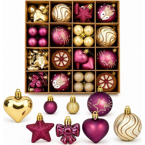Set mit 64 rosa-silbernen Weihnachtskugeln (3–6 cm) in verschiedenen Formen: Kugeln, Herzen, Sterne, Schleifen – leichte Weihnachtsbaumdekoration für Weihnachtsbaum, Kaminsims, Kranz und Inneneinricht (1/5)