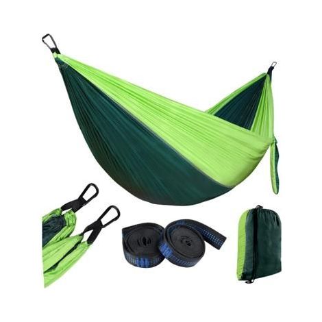 Zweier-Außenhängematte aus 210T-Nylon, ideal für Camping oder Garten. Einfache Montage, Maße 270 x 140 cm.