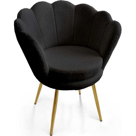 POLTRONA TESSUTO TEDDY COLORE NERO A FORMA DI CONCHIGLIA CON GAMBE IN METALLO ORO SEDUTA IMBOTTITA 69X60X80 CM MAX 130 KG