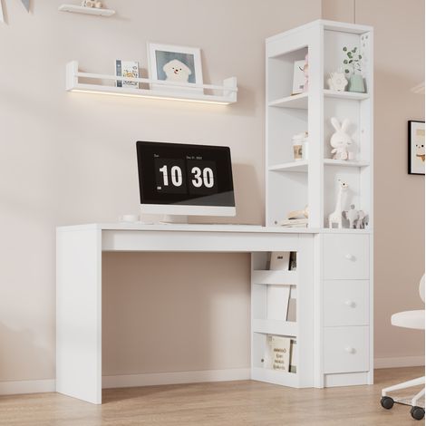 Bureau avec bibliothèque 120x50x180 cm blanc en MDF avec 3 tiroirs et rangement latéral