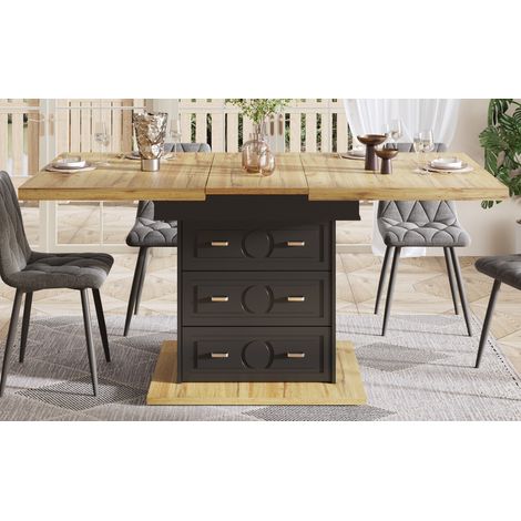 Table à manger en bois extensible 110-140 x 80 x 75 cm - Meuble de cuisine et salle à manger, idéale pour 6 convives - Plateau rabattable avec finition effet chêne, parfait pour terrasse ou intérieur. (1/5)