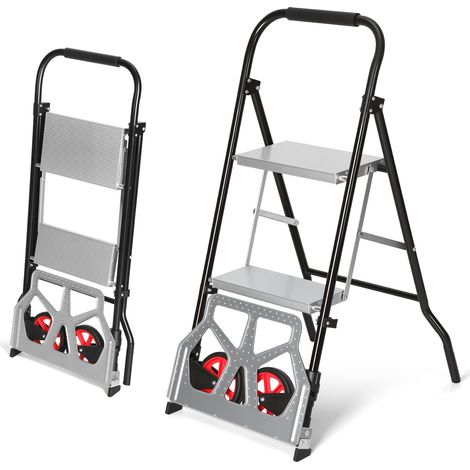 Jiubiaz Carretilla escalera 2 en 1 plegable con 2 peldaños y ruedas, carga carro 80 kg, escalera 150 kg (1/5)