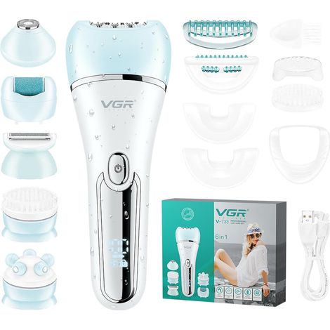 Épilateur VGR 733 pour femmes, rasoir électrique 6-en-1 sans fil et rechargeable, appareil d'épilation étanche IPX7, utilisable sur peau sèche ou humide, pour le maillot, le visage, les jambes et les  (1/5)