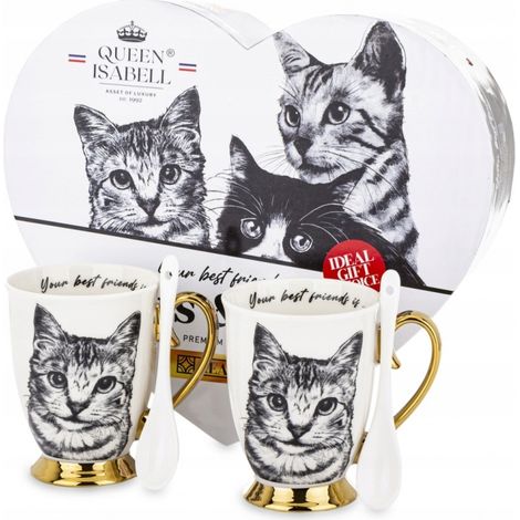 Juego de dos tazas de porcelana con forma de corazón y un motivo de gato. Ideal para regalar. (1/5)