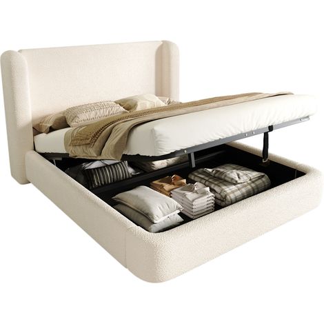 CHICFURN Cama doble de 180 x 200 cm con canapé abatible hidráulico, cabecero acolchado, tela bouclé beige, somier de láminas y gran espacio de almacenamiento (1/5)
