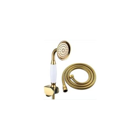 Kit doccia con soffione in ottone e tubo flessibile da 1,5 m, soffione con supporto, set doccia dorato - Crezuo