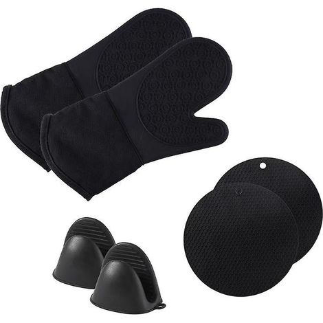 doublure Matelasse, Noir, Lot De 6 Set De Mitaines De Four Extra Longues Et Mini Gants : Mitaines De Four En Silicone Rsistantes  La Chaleur Avec (1/5)