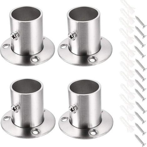 Set of 4 Curtain Rod Brackets, Rail Support, Socket Rod Support, Stainless Steel Flange Set, Closet Curtain Rod End Brackets (Silver) (1/5)