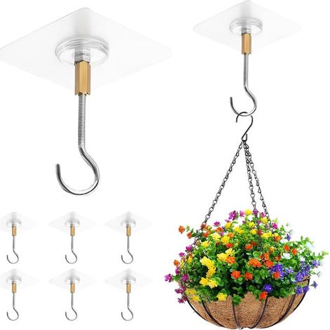 Juego de 6 ganchos autoadhesivos para techo, no requieren perforación, transparentes, ganchos adhesivos duraderos para techo, práctico soporte para plantas de acero inoxidable (1/5)