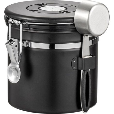 Contenitore per caffè in acciaio inox - Contenitore ermetico per conservare i chicchi di caffè, capacità 1200 ml con misurino e rotella per la data, nero (1/4)