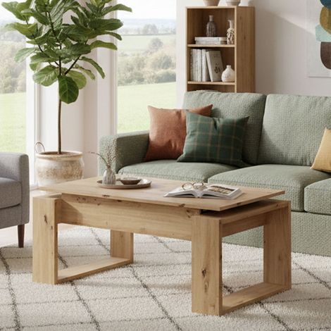 Dmora - Mesa de centro Ddav, Mesa de centro con tapa elevable, Mesa de centro para la sala de estar, 105x55h45/56 cm, nudos de roble