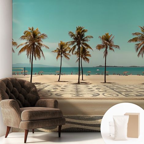 Tapete Vliestapete mit Kleber für Wohnzimmer Schlafzimmer Küche - Wanddekoration Palmen am Strand 250x250 cm