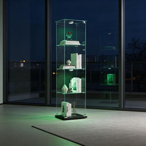 Standvitrine mit Schloss, 4 Lagen Glasvitrine mit LED-Beleuchtung, schwarz (1/5)
