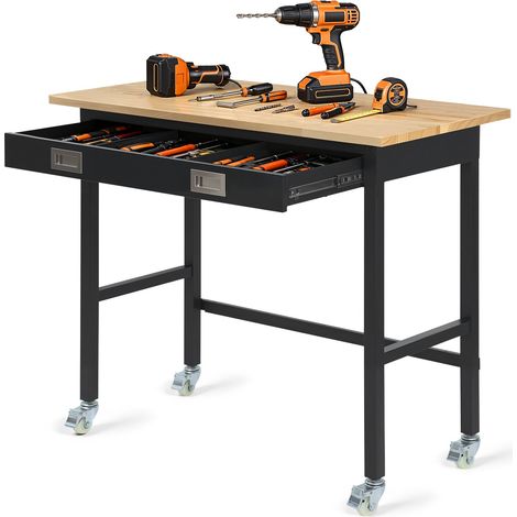 Établi Atelier sur Roulettes 122x61 cm Établi Garage Charge 680 kg Table de Travail pour Bricolage Garage Atelier Bureau, avec Tiroir de Rangement, Plateau en Bois Chêne Massif Épaisseur 2,5 cm (1/5)
