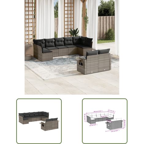 The Living Store Salon de jardin 9 pcs avec coussins gris résine tressée - Ensemble Salon De Jardin - Meubles De Jardin - Salon Extérieur - Mobilier De Jardin Design - Set De Salon De Jardin (1/3)