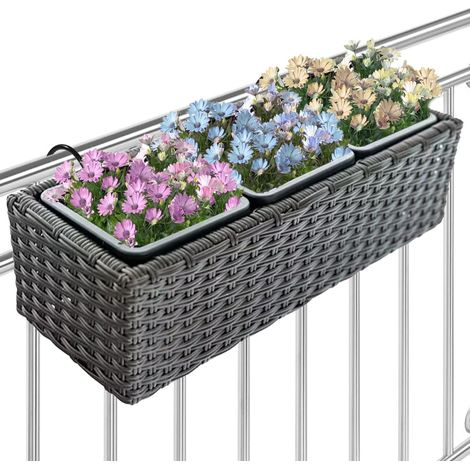 Jardinière Effet rotin avec Crochets et Anneaux pour Balcon, Pot de Fleurs de Balcon et Table pour extérieur et intérieur, Support avec 3 Compartiments résistant aux Rayons UV, 49 x 19 x 15 cm (1/4)