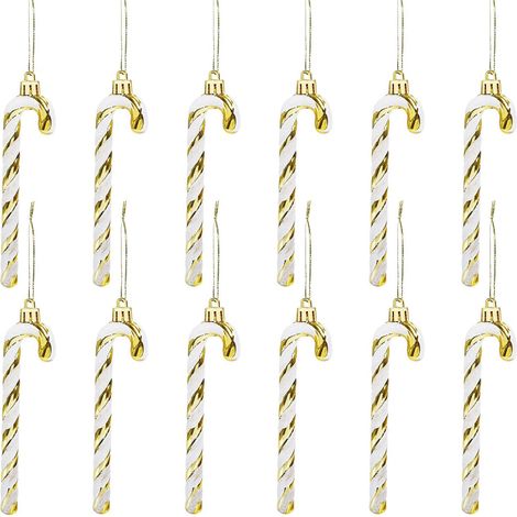 12 glitzernde Weihnachtszuckerstangen, 13 cm, für Weihnachtsbaumschmuck, zum Aufhängen, gold-weiß gestreift (1/5)