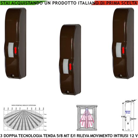 Doppia Tecnologia Marrone a Tenda Tre Sensori Infrarosso e Microonda Gatewatch Portata 5 MT Rilevano Movimento Ladri Intrusi Per Rampa Scala Invia Allarme Alimen. 12 V Assorb. 10 mA Cover ABS IP44 (1/4)