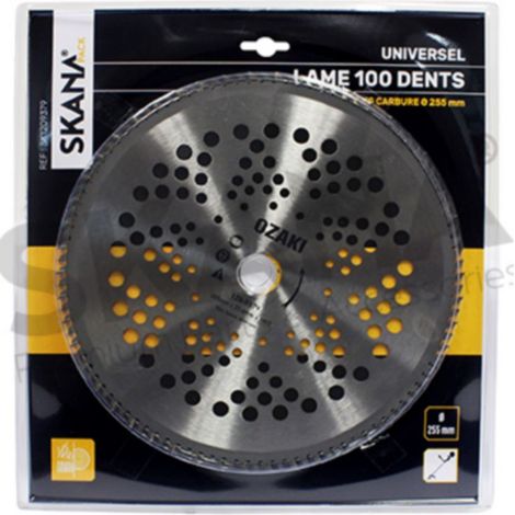 Lama in acciaio con 100 denti a punta in carburo ø: 255 mm, foro: 25,4 mm, spessore: 1,9 mm per decespugliatori da 35
