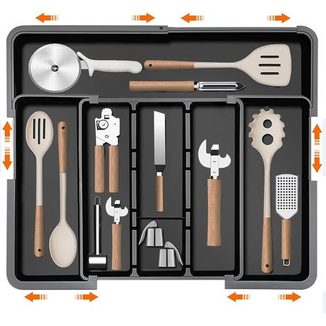 Range Couverts pour Tiroir, Range Couverts Plateau d'Ustensiles Extensible pour Tiroir, Support de Rangement en Plastique pour Couverts pour Cuisine (Noir 2) (1/5)