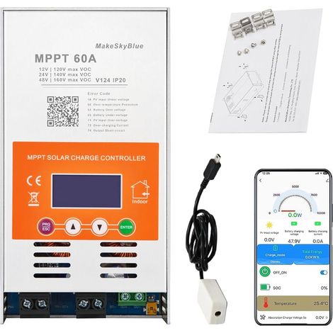Régulateur de charge solaire MPPT 60A (WiFi) avec écran LCD Régulateur de charge MPPT pour batteries 12V, 24V et 48V, contrôle APP, puissance PV max. 2800W (1/5)