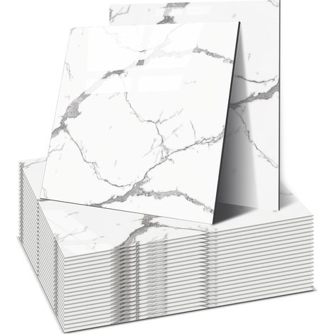 Lot de 22 stickers muraux autocollants, Peel and Stick Tiles 30 x 30 cm, imperméables et anti-taches, découpables, 7 couleurs, pour salle de bain, cuisine, salon (Blanc Ivoire) (1/5)