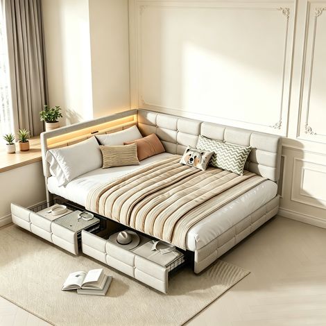 Lit adulte 140x190 avec 2 tiroirs, Lit Banquette rembourré avec LED Ambiante et Port USB, lin gris, Sommier à Lattes en Bois