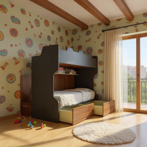Letto a castello con scala contenitore e terzo letto estraibile - Cameretta salvaspazio - Basalto e Noce