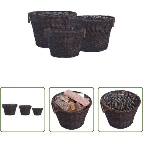Panier à bûches - Jeu 3 paniers empilables à bois de chauffage Marron foncé Saule (1/5)