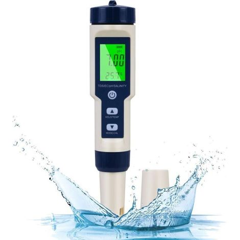 Elektronisches 5-in-1-pH-Messgerät zur Bestimmung von pH-Wert, TDS, EC-Wert, Temperatur und Salzgehalt geeignet für Trinkwasser und Schwimmbäder. (1/5)