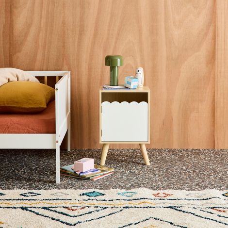 Table de chevet enfant décor bois blanc 1 porte. pieds bois de pin - 34 x 23.5 x 52 cm  - Azur