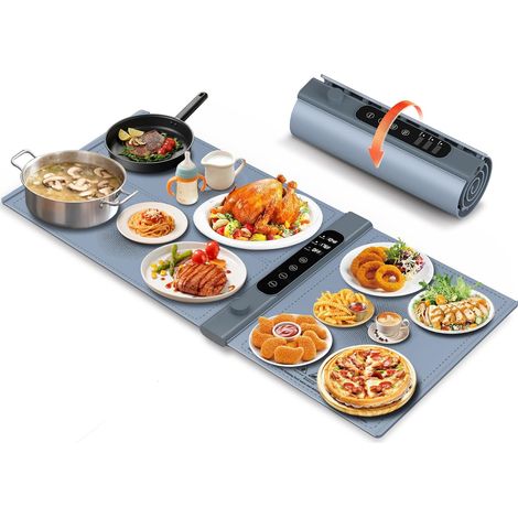 Chauffe Plat Électrique à 3 Zones Indépendantes 101×43 cm  Plaque Chauffante Électrique avec 17 températures minuterie 6h, Chauffe Assiette en Silicone Enroulable pour Buffets et Fêtes (1/5)