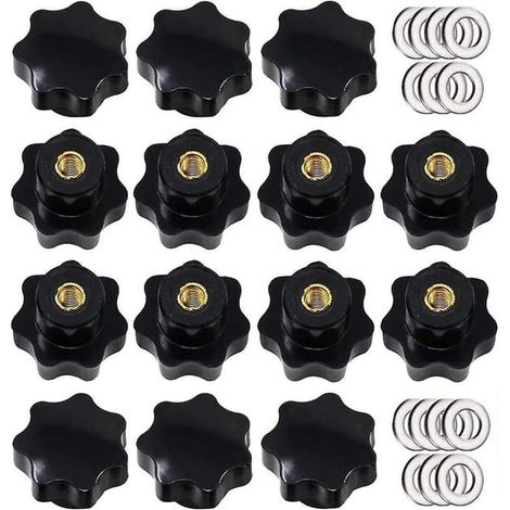 Lot de 14 boutons de serrage moletés M8, poignée en étoile, boutons de serrage en plastique noir avec rondelles (1/4)