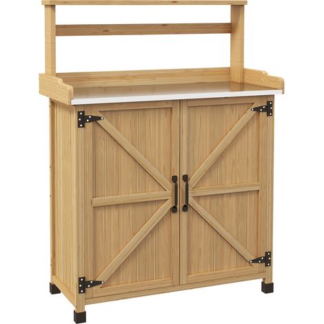 Pflanztisch aus Gelbfichtenholz mit Schrank, Ablagen und rutschfester Oberfläche, ideal für Gartenarbeit und Aufbewahrung.