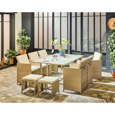 Bestmobilier – Salon de jardin encastrable 10 places en résine tressée beige – Coussins déhoussables déperlant – Housse de protection incluse