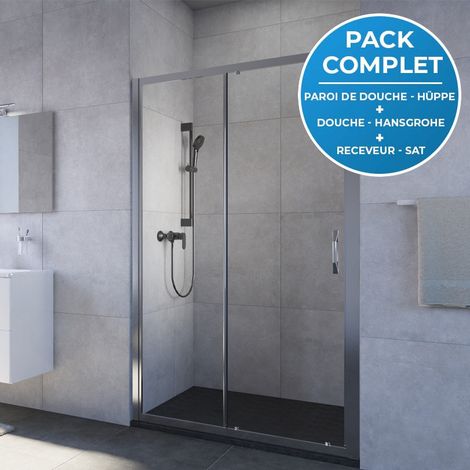 HÜPPE  HœPPE Pacchetto doccia 120cm porta scorrevole + set doccia Hansgrohe con miscelatore + piatto doccia Satalek 120x90cm, Nero