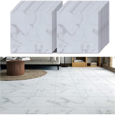 Carrelage Adhesif Sol Marbre Blanc 24 Pièces Dalle PVC Adhesive Sol Adhesif Carreaux Adhesif Cuisine Imperméable Salle de Bain Stickers Carrelage Salon Garage Épaissir 30 cm x 30 cm (1/5)