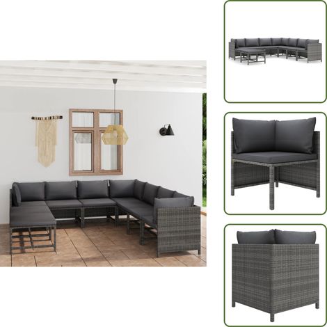 9-tlg. Garten-Lounge-Set mit Kissen Poly Rattan Grau - Gartenmöbel - Loungemöbel - Rattanmöbel - Outdoormöbel - Esszimmergarnitur (1/5)