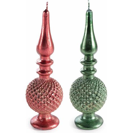 Candele con sagoma a forma di puntale albero di Natale decorate con glitter, set da 4 pezzi, Ø 6,5 cm x 19,5 H