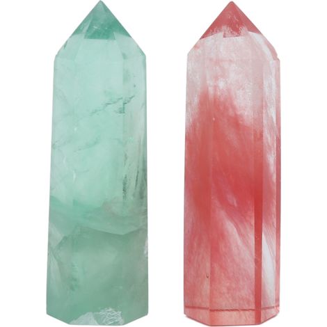 Pierre précieuse énergétique cristalline hexagonale naturelle à pointe unique, pilier de cristal brut, polie avec de la fluorite verte + fusion rouge. (1/5)