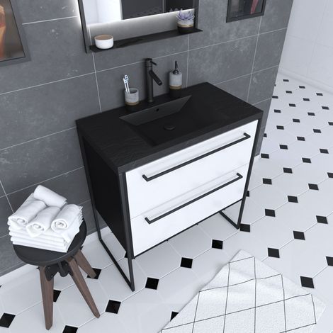 Mobile bagno 80x50 cm nero opaco - 2 cassetti bianchi - lavabo in resina nero pietra