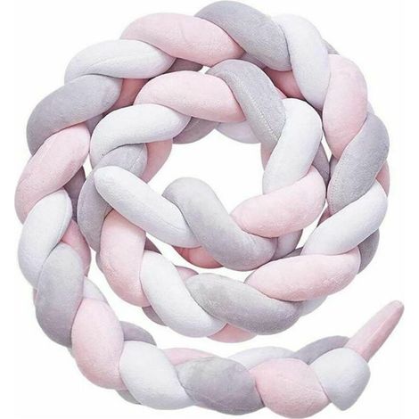 Babybettumrandung, gewebte Bettumrandung, Kantenschutz, Kopfstützenverzierung für Kinderbett (weiß + rosa + grau, 100 cm) (1/5)