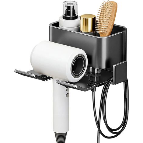 Support Sèche-Cheveux Sans Perçage, Fixation Murale pour Sèche-Cheveux, Aluminium Auto-adhésif, Avec Porte-Câble et Plateau, Rangement pour la Plupart des Sèche-Cheveux pour Salle de Bain, Salon (1/5)