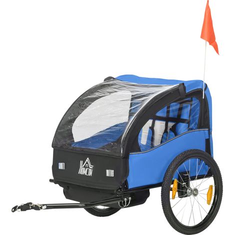 Remolque de bicicleta para niños +18 meses cinturón seguridad amortiguador azul (1/5)