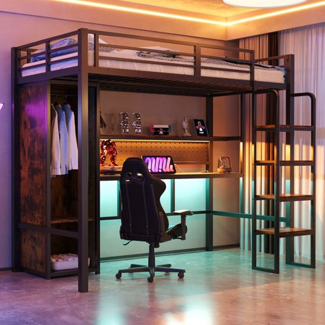 CHICFURN Letto a soppalco 90x200 cm in metallo nero con scrivania, armadio, ripiani e LED (1/5)
